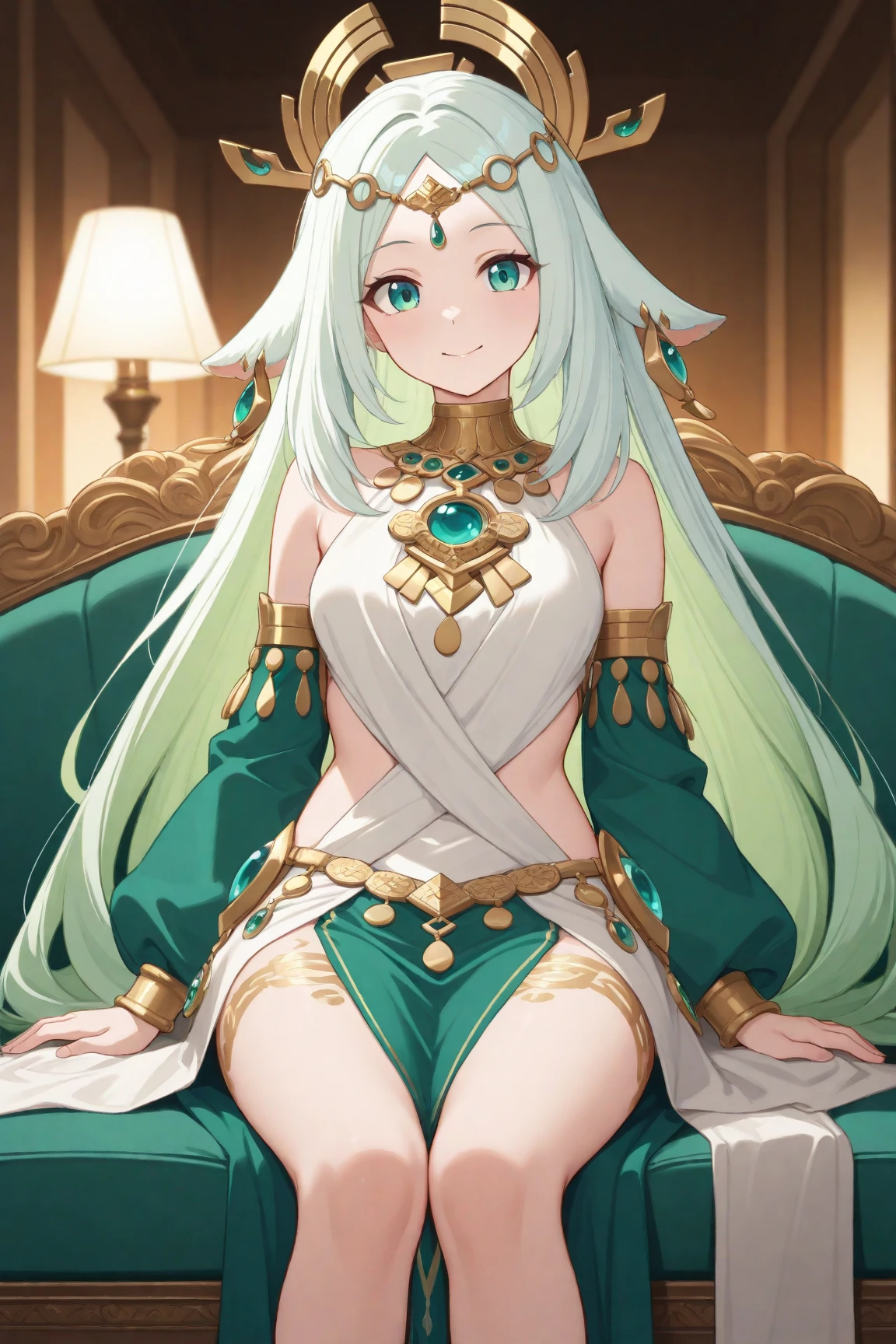 Red eyes Carmencin wavy blonde hair white skin a white tunic with light blue clouds would be and serene she has on her forehead a light blue ribbon with symbols of clouds and in a tunic like a jade chair that behind a big sale is a temple she is the leader of a clan of cultivators