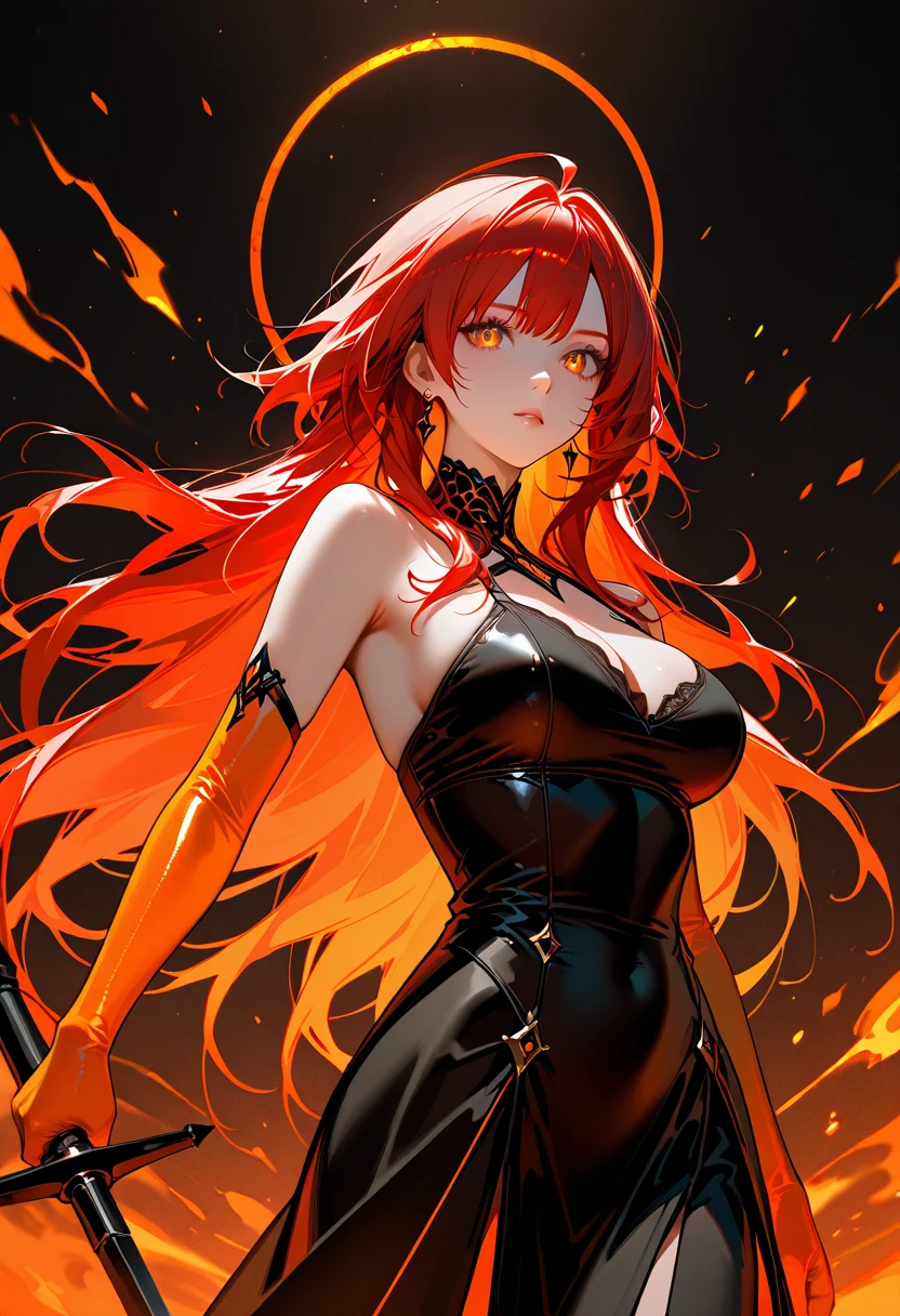 (masterpiece, best quality) an adult woman with very long red hair with short red latex dress, black bows, long stockings, black boots, torn clothes, queen, yellow eyes, serious, blood, emotionless, red sky, burning black forests, straight bangs, very long red hair, evil, (yellow eyes), gothic, red forest, medium , head-to-waist portrait,  cinematics, color oil painting, cinematic lighting, extremely detailed face, finely detailed face, beautiful face, beautiful eyes, perfect lighting, depth of field, realistic proportions, good ,