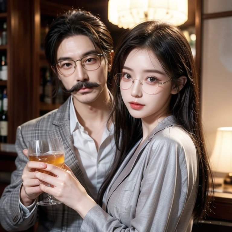 Cover for a mafia book. A young woman in a plain red dress, with long black half-wavy hair and glasses next to a handsome man in a black suit, with beard, serious, strong and tall. The couple will be in the background of an office.