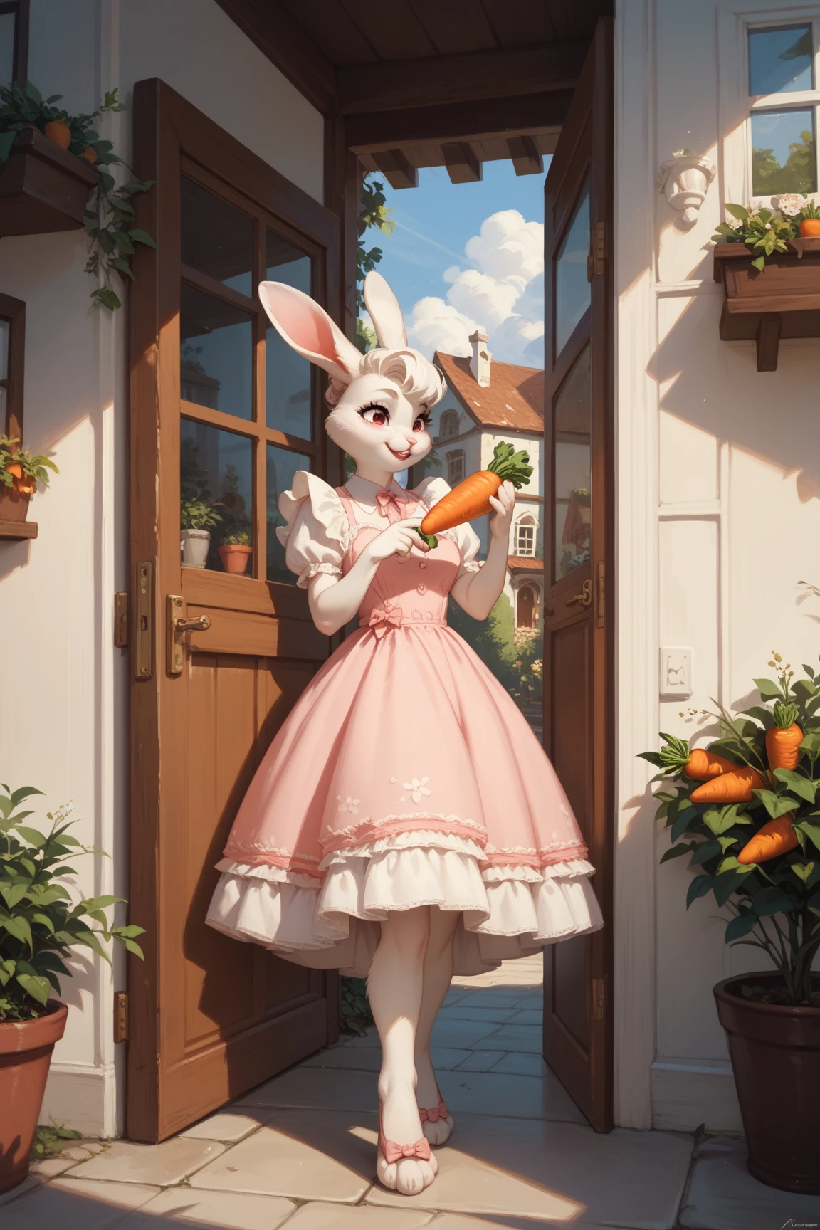 girl, rabbit, furry, pretty,  in a dress, sees on the veranda of the house, holds a carrot in his hands. 