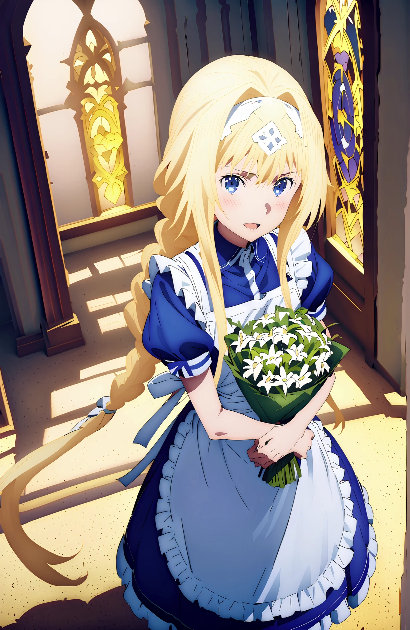 Alicesburg, Alice Zuburg, bungs, Gold, hair between eyes, Very braided, headband, white headband,close your eyes,smile,blush,open your mouth,
break dress, bow, ribbon, Short sleeve, frills, apron, puffy Short sleeve, Blue clothes, white bow, white apron, frilled apron,Holding a bouquet with both arms,stained glass,STANDING,full bodyがillustrationsに入るように,
break indoors,church,
break looking at viewer,full body,
break (masterpiece:1.2), Top Quality, high resolution, Unity 8k 壁紙, (illustrations:0.8),highly detailed faces, perfect lighting on the table, extremely detailed CG, (perfect hand, perfect anatomy),
