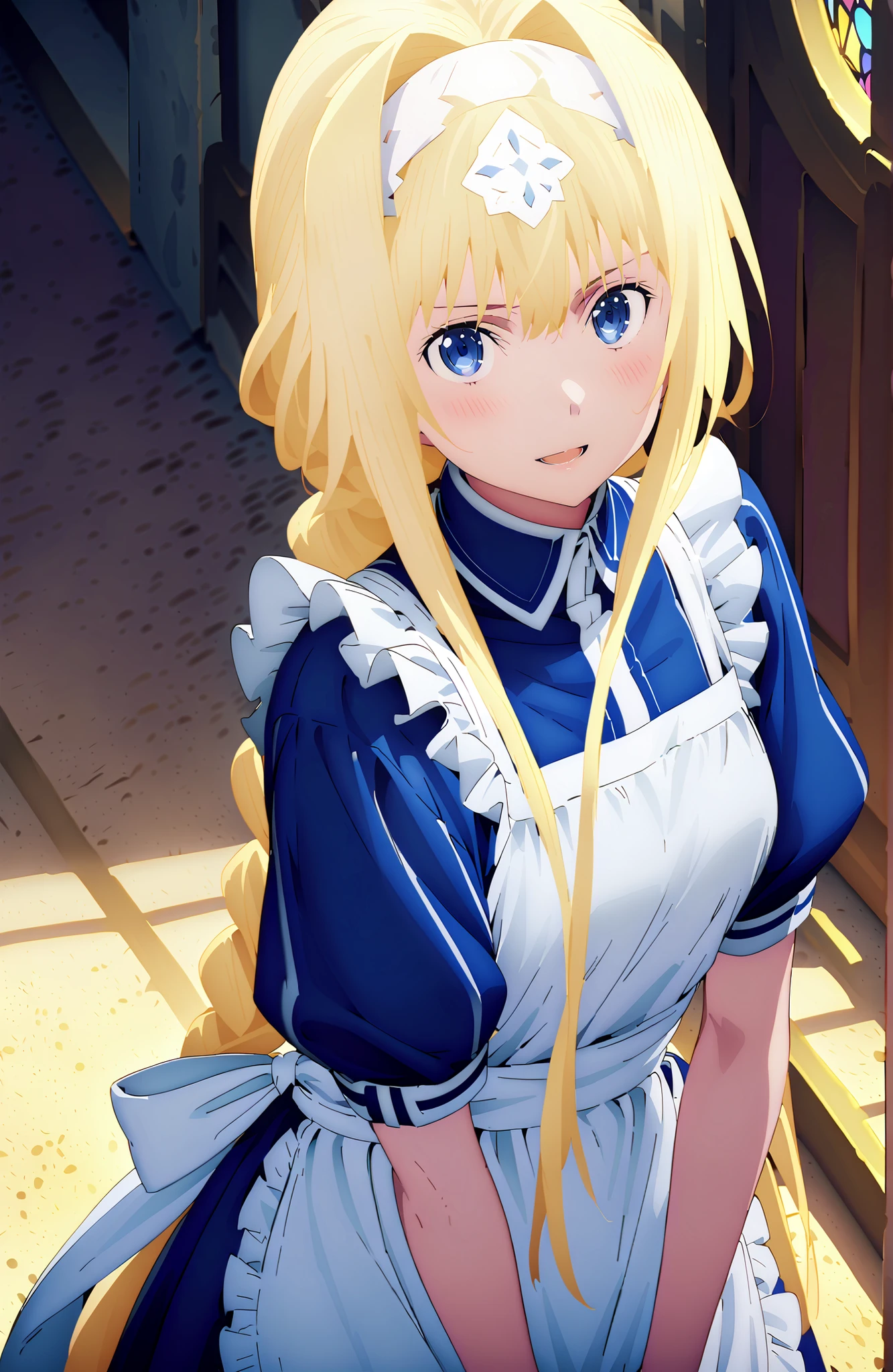 Alicesburg, Alice Zuburg, bungs, Gold, hair between eyes, Very braided, headband, white headband,close your eyes,smile,blush,open your mouth,
break dress, bow, ribbon, Short sleeve, frills, apron, puffy Short sleeve, Blue clothes, white bow, white apron, frilled apron,Holding a bouquet with both arms,stained glass,STANDING,full bodyがillustrationsに入るように,
break indoors,church,
break looking at viewer,full body,
break (masterpiece:1.2), Top Quality, high resolution, Unity 8k 壁紙, (illustrations:0.8),highly detailed faces, perfect lighting on the table, extremely detailed CG, (perfect hand, perfect anatomy),