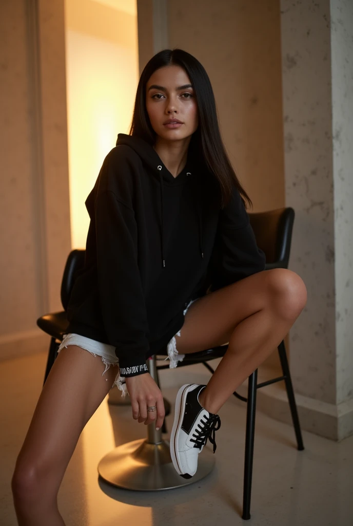  fille de 13 ans 1m60, mexicaine yeux ???? cheveux noir, dressed all in black, short oversize noir t-shirt oversize noir chaussures noir chaussettes longue blanche cheveux court (good quality) ( Accurate drawing)