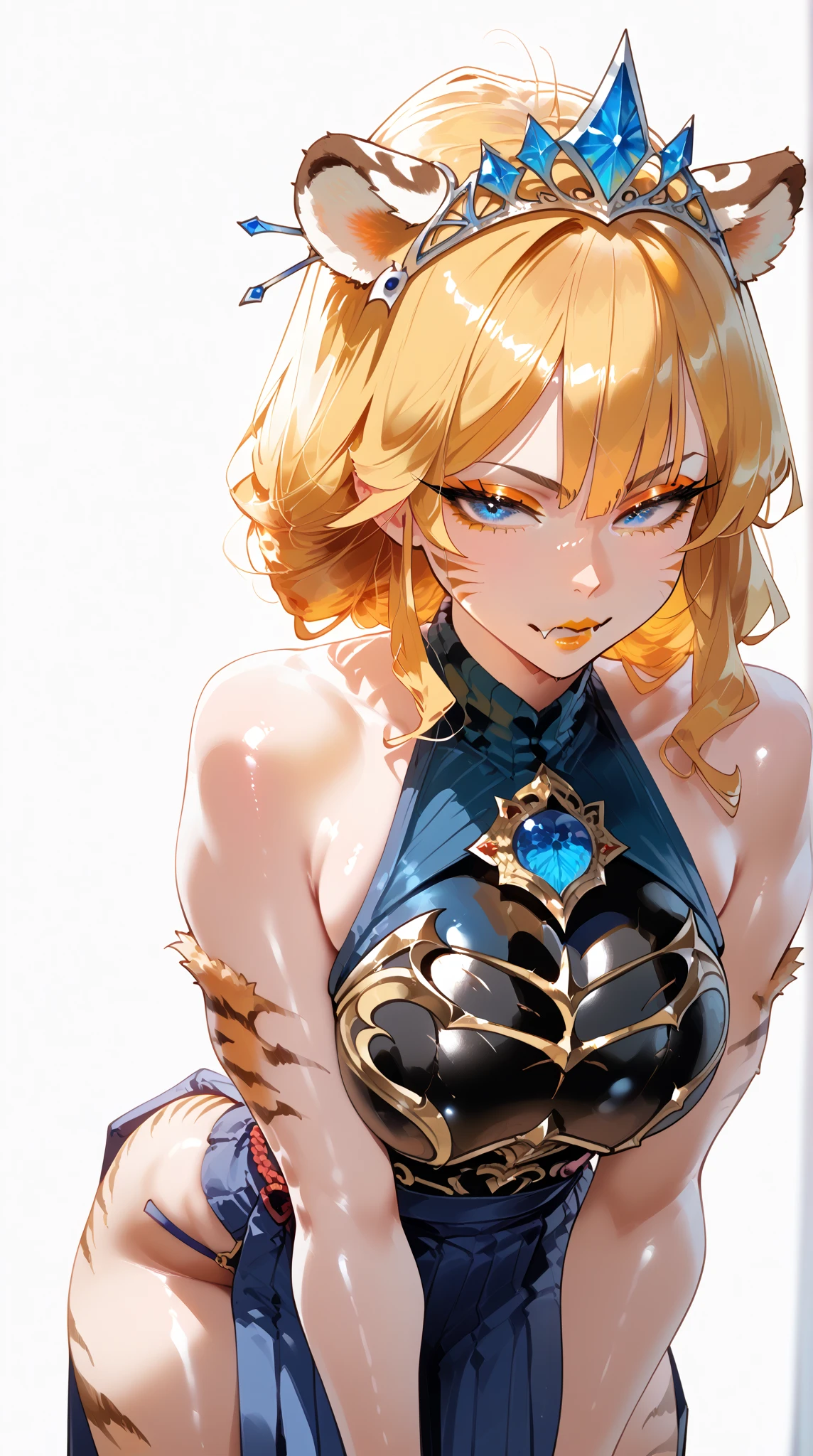 1 Girl、8k、Sharp focus、(Bokeh) (highest quality) (Detailed skin:1.3) (Intricate details) (anime)、blonde、Ponytail、Round red eyes、Exposing shoulders、Glowing Skin、Tube top bra、profile、Upper body close-up、smile、Laughing with your mouth open