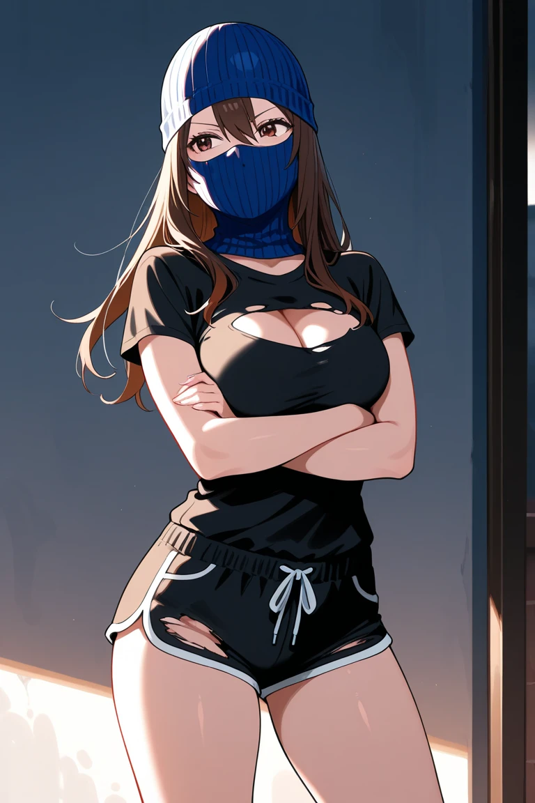 beautiful girl with long, straight black hair, white, fair skin, black eyes, wearing a black mask on her face, 1.60 metres tall, slim, small bust, wearing a white shirt underneath, a dark blue shirt on top, light grey trousers, Nike trainers, a blue cap, tattoos all over her arm, earrings in her ears, with her beautiful dark eyes,