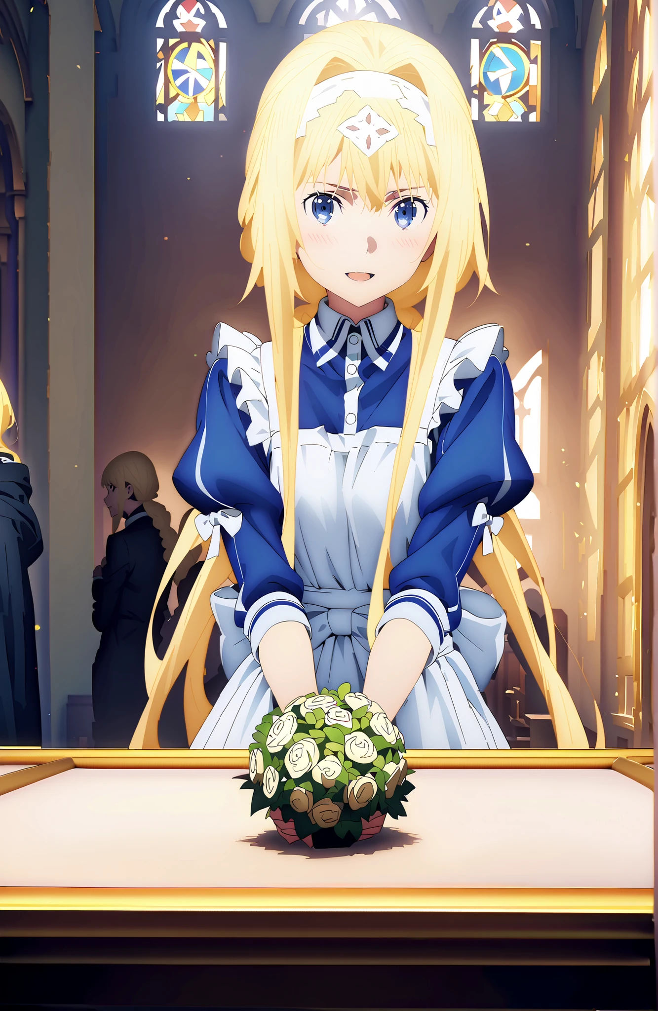 Alicesburg, Alice Zuburg, bungs, Gold, hair between eyes, Very braided, headband, white headband,smile,blush,open your mouth,
break dress, bow, ribbon, Short sleeve, frills, apron, puffy Short sleeve, Blue clothes, white bow, white apron, frilled apron,Holding a bouquet with both arms,stained glass,STANDING,full bodyがillustrationsに入るように,
break indoors,church,
break looking at viewer,full body,
break (masterpiece:1.2), Top Quality, high resolution, Unity 8k 壁紙, (illustrations:0.8),highly detailed faces, perfect lighting on the table, extremely detailed CG, (perfect hand, perfect anatomy),