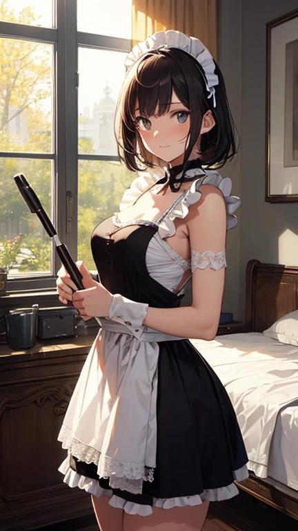 (masterpiece), woman,Frilled maid costume,Long skirt, Small breasts,Natural light, Realistic, Diffuse Light, skinny, vapor, (Please lift your skirt), (urination), With a smile.garter belt,Lace Stockings,Long nipples,Areola,See-through bra, Frill apron,Sword on waist