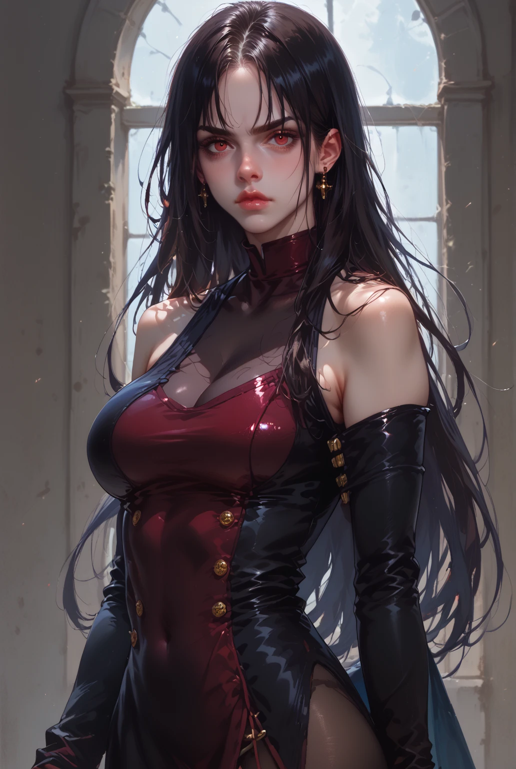 a close up of a woman in a red dress and high heels, a low poly render by senior character artist, Artstation, fantasy art, beautiful alluring anime woman, cushart krenz key art feminine, anime goddess, photorealistic anime girl render, detailed long black hair, anime girl wearing a black dress, gorgeous figure, gothic maiden anime girl