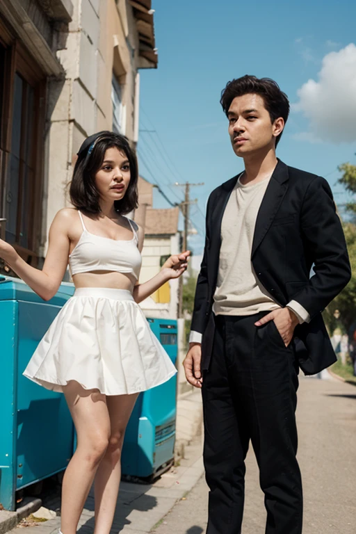 movie with a young and handsome mixed teenage boy and a beautiful young and beautiful mixed teenage boy, He's got a gun, ils portent un uniforme scolaire, They hate each other, a background is a night city.