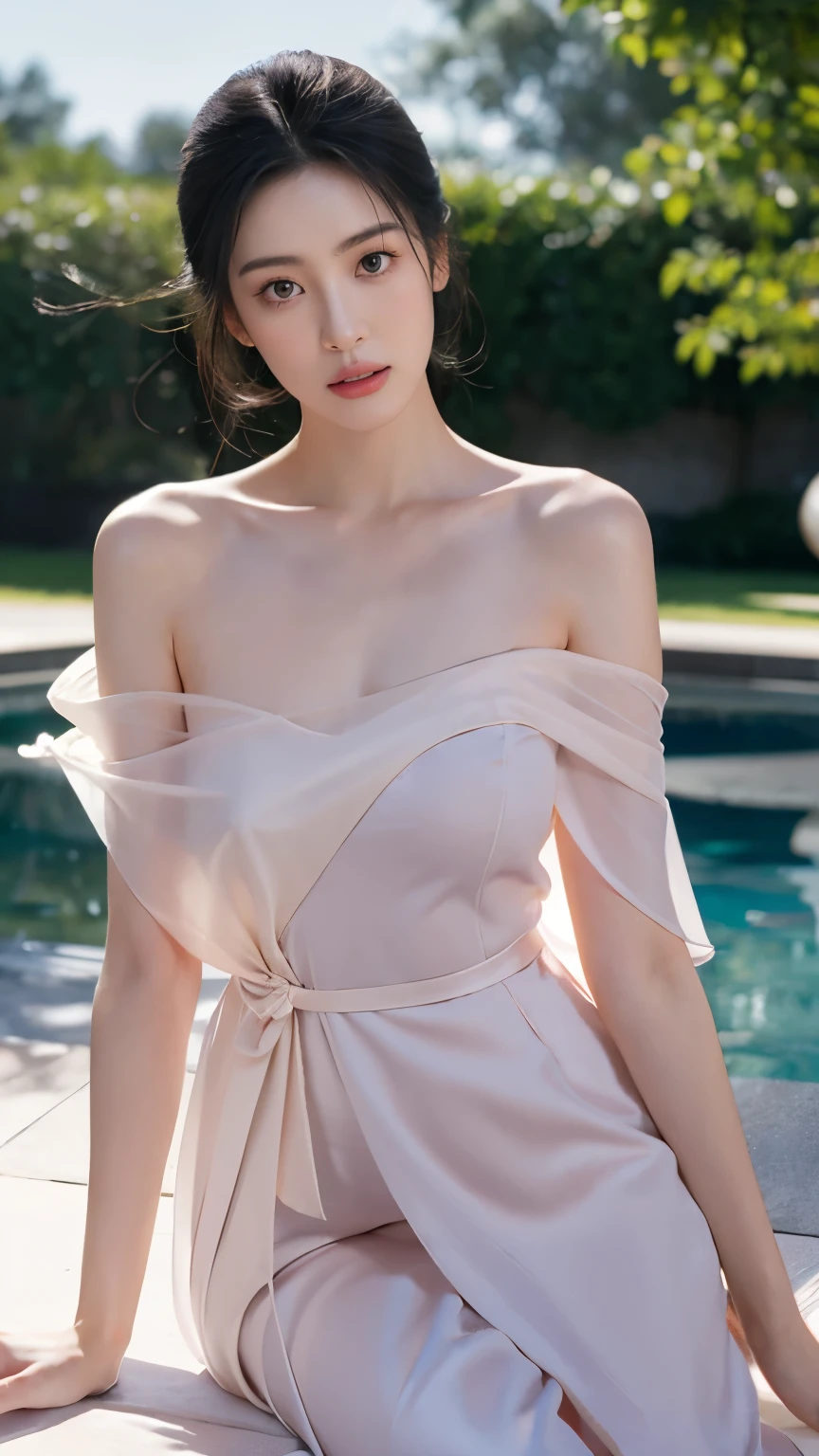 (highest quality、4K、masterpiece:1.3)、Beautiful woman、1 girl、sexly:1.1、dark brown hair:1.1、highly detailed face、lip details、detailed eye、double eyelid、(Pink nipples are transparent）、(Translucent off-shoulder wet white dress)、(she is wet)、(Woman in a lakeside park)