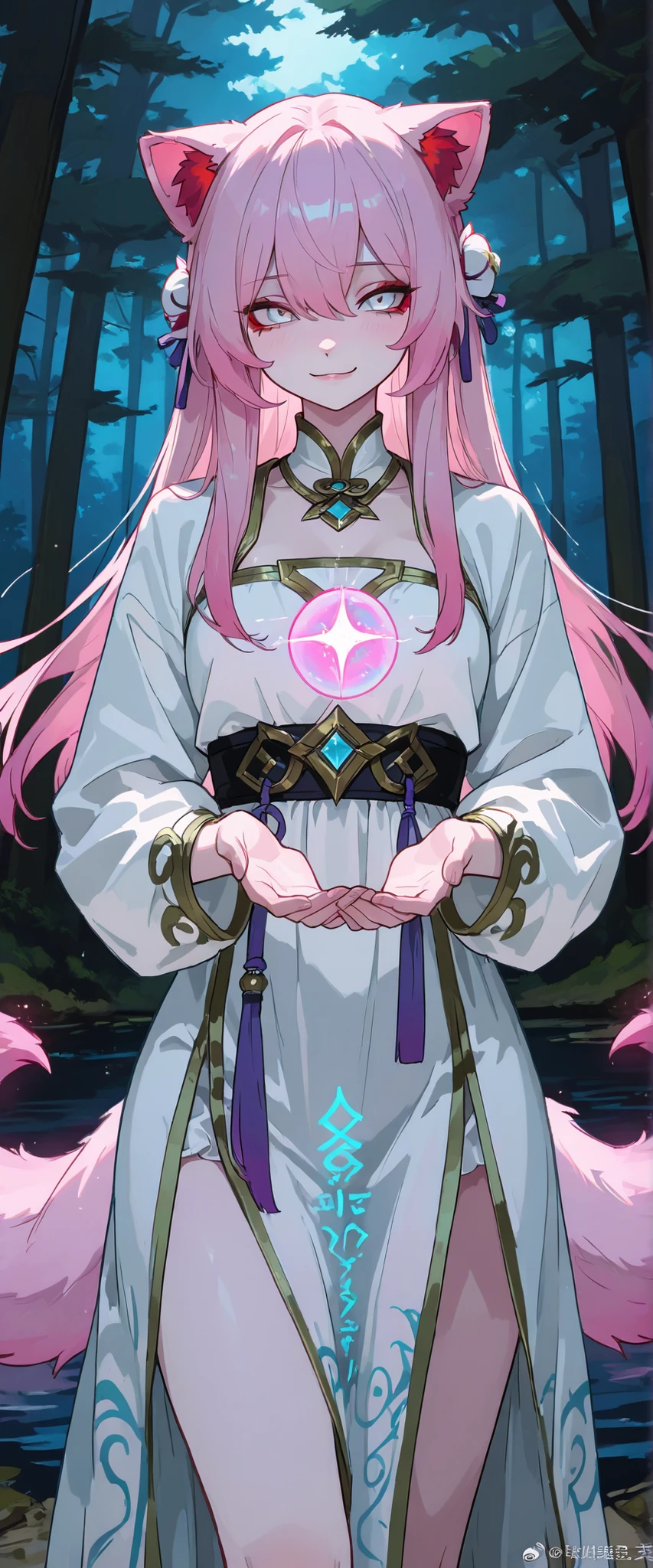 ((League of Legends Tanuki))two furry ears, There are signature diamond-shaped red spots at the corners of the eyes {ten},, Light Eyes, Comic-style League of Legends original skin Vu 。long, Fluffy peach pink hair hanging casually , The hair ends are slightly curled 。flowing white Hanfu dress, Fluttering in the wind with the hem of the skirt 。(((with nine furry tails behind you))), The tip of the tail shines lavender 。Hold a pink glowing energy ball, Surrounded by mysterious runes ,Elegant image ,showed a confident smile ,ultra-high-definition pictures , masterpiece,best quality,Eye details, lakeside,forest
