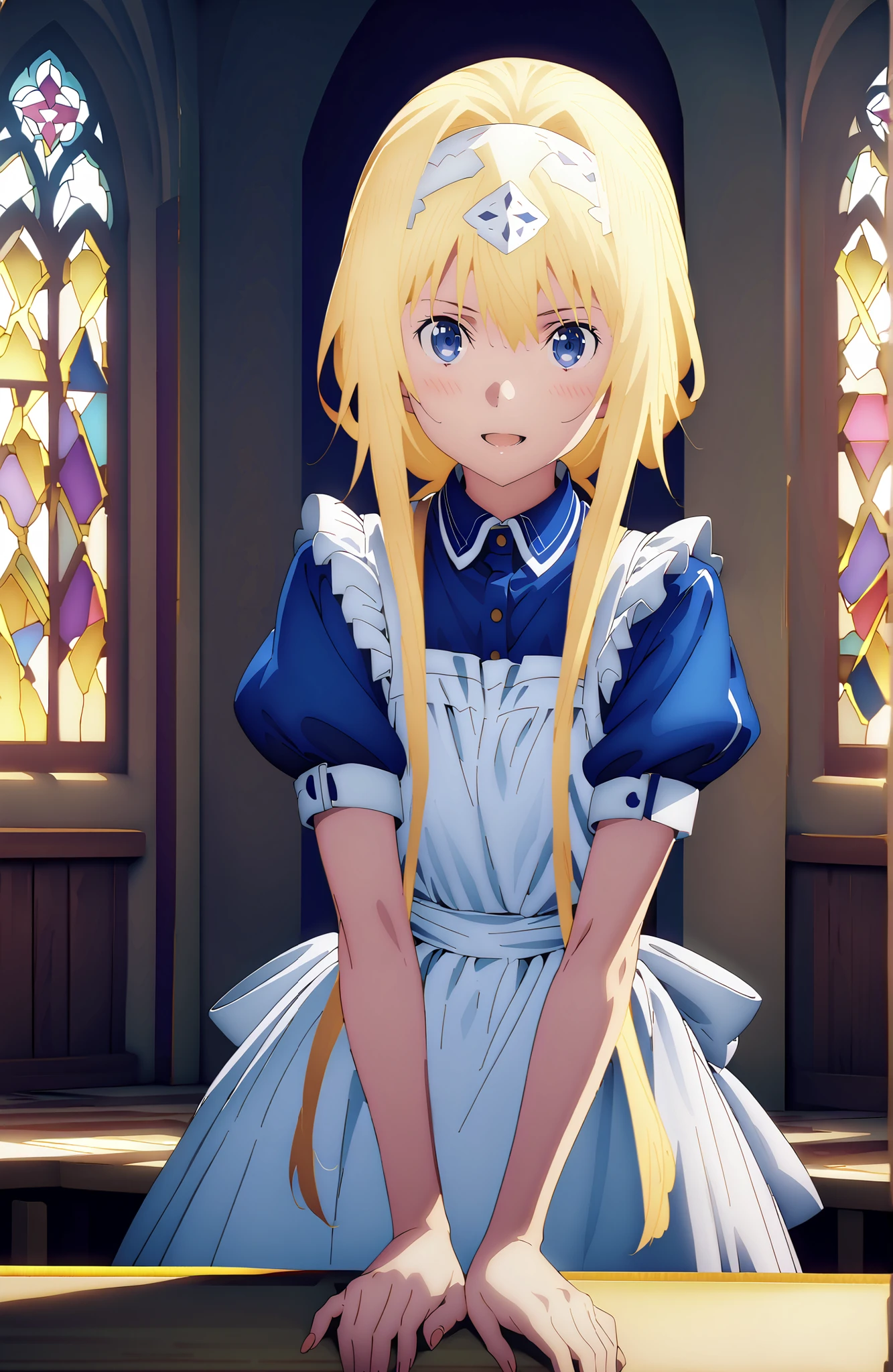 Alicesburg, Alice Zuburg, bungs, Gold, hair between eyes, Very braided, headband, white headband,smile,blush,open your mouth,
break dress, bow, ribbon, Short sleeve, frills, apron, puffy Short sleeve, Blue clothes, white bow, white apron, frilled apron,Holding a bouquet with both arms,stained glass,STANDING,full bodyがillustrationsに入るように,
break indoors,church,
break looking at viewer,full body,
break (masterpiece:1.2), Top Quality, high resolution, Unity 8k 壁紙, (illustrations:0.8),highly detailed faces, perfect lighting on the table, extremely detailed CG, (perfect hand, perfect anatomy),