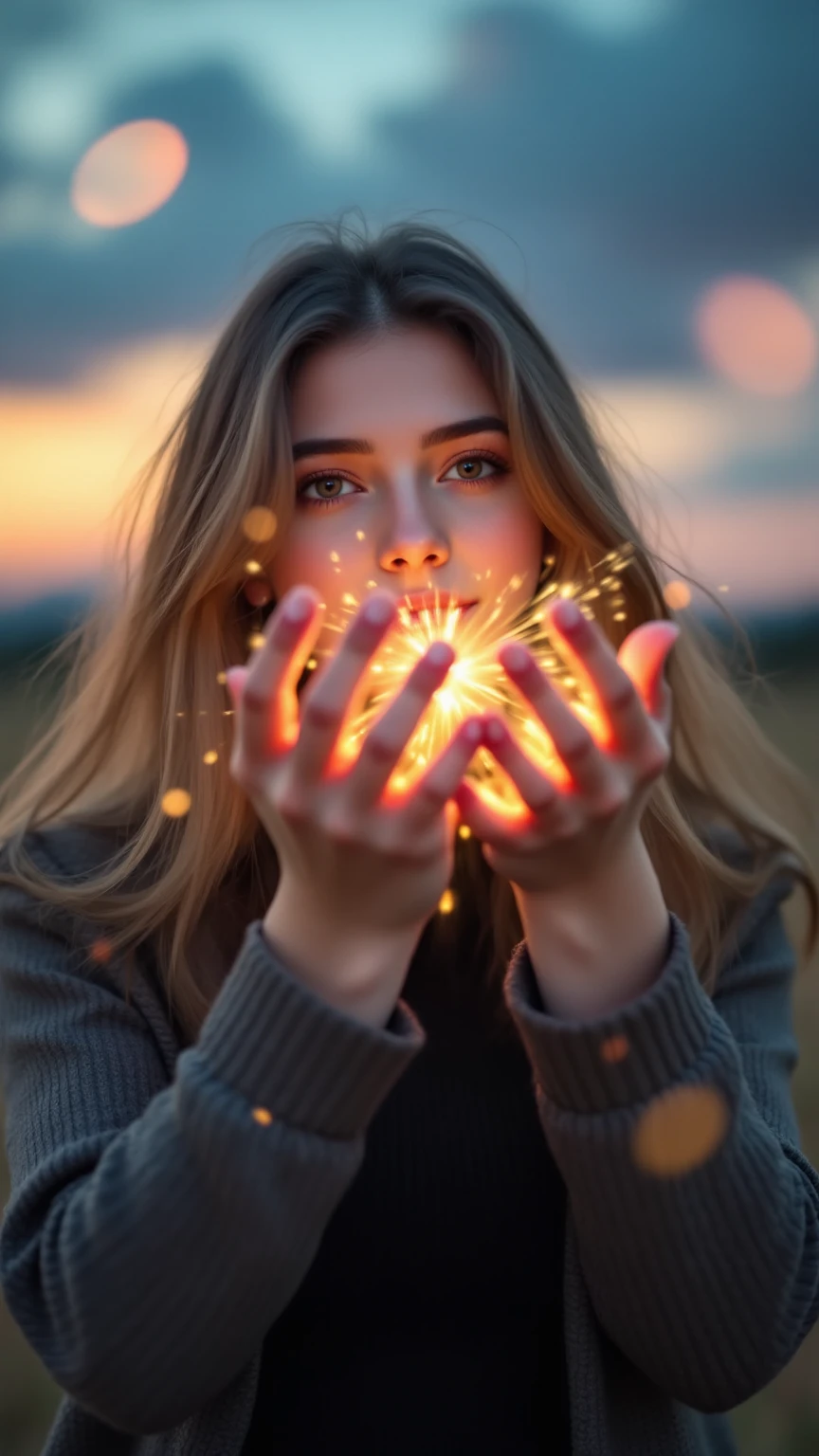 Precise description,고화,4K,8K,vibrant colors,professional-grade,Masterpiece,Super realistic,realistic,Factual photo,HDR,UHD,Studio Light,Extremely precise textures,clear focus,physics-based rendering,Extreme Details,Vibrant colors,A woman with a bokeh effect,Iridescent rays falling from the sky,Gathering two hands and gathering those rays,The light turns into fog on the hands and passes between the fingers,cloud,Beautiful skies, sunset background ,Brilliant aura