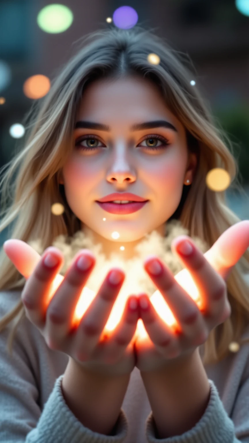 Precise description,고화,4K,8K,vibrant colors,professional-grade,Masterpiece,Super realistic,realistic,Factual photo,HDR,UHD,Studio Light,Extremely precise textures,clear focus,physics-based rendering,Extreme Details,Vibrant colors,A woman with a bokeh effect,Iridescent rays falling from the sky,Gathering two hands and gathering those rays,The light turns into fog on the hands and passes between the fingers,cloud,Beautiful skies, sunset background ,Brilliant aura