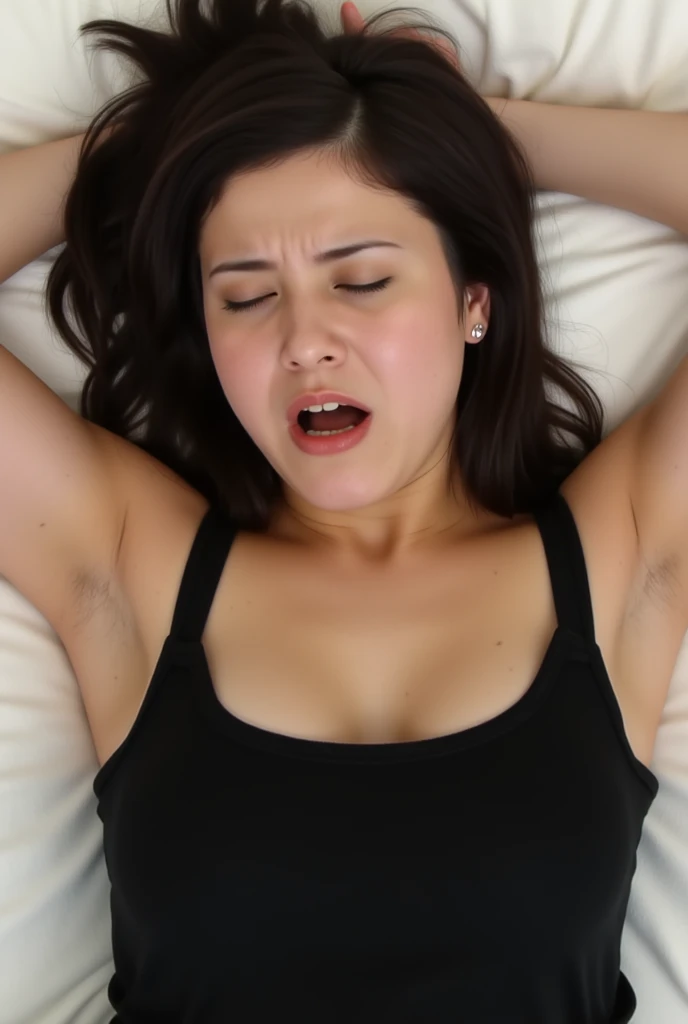 1 girl, closed eyes, open mouth, licking lips, look of orgasmic ecstasy, look of extreme enjoyment, very small, white crop top, bottomless, hard nipples, using vibrator, on bed, photorealistic, 8k, hyper detailed, cinematic lighting, photoshoot, masturbating, pleasuring herself, female masturbation,fingering,masturbation, spread legs, orgasm_face