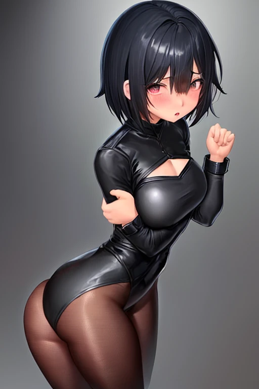 girl,black tight suit,masterpiece, highest quality,High resolution,girl,he saw,saw 2, blue eyes, black hair, Low twintails and short cut,jungle,crawl on all fours