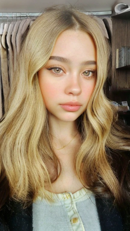 BlonDe woman with a black top and a necklace looking at the camera, cheveux blonDs et granDs yeux, no makeup wavy hair, une fille aux cheveux blonDs, taken in the early 2020s, curly blonde hair | D & D, curly blond, Marthe Jonkers, dirty curly blonde hair, SyDney Sweeney, longs cheveux blonDs et granDs yeux, gros seins , Big gaudy nipples