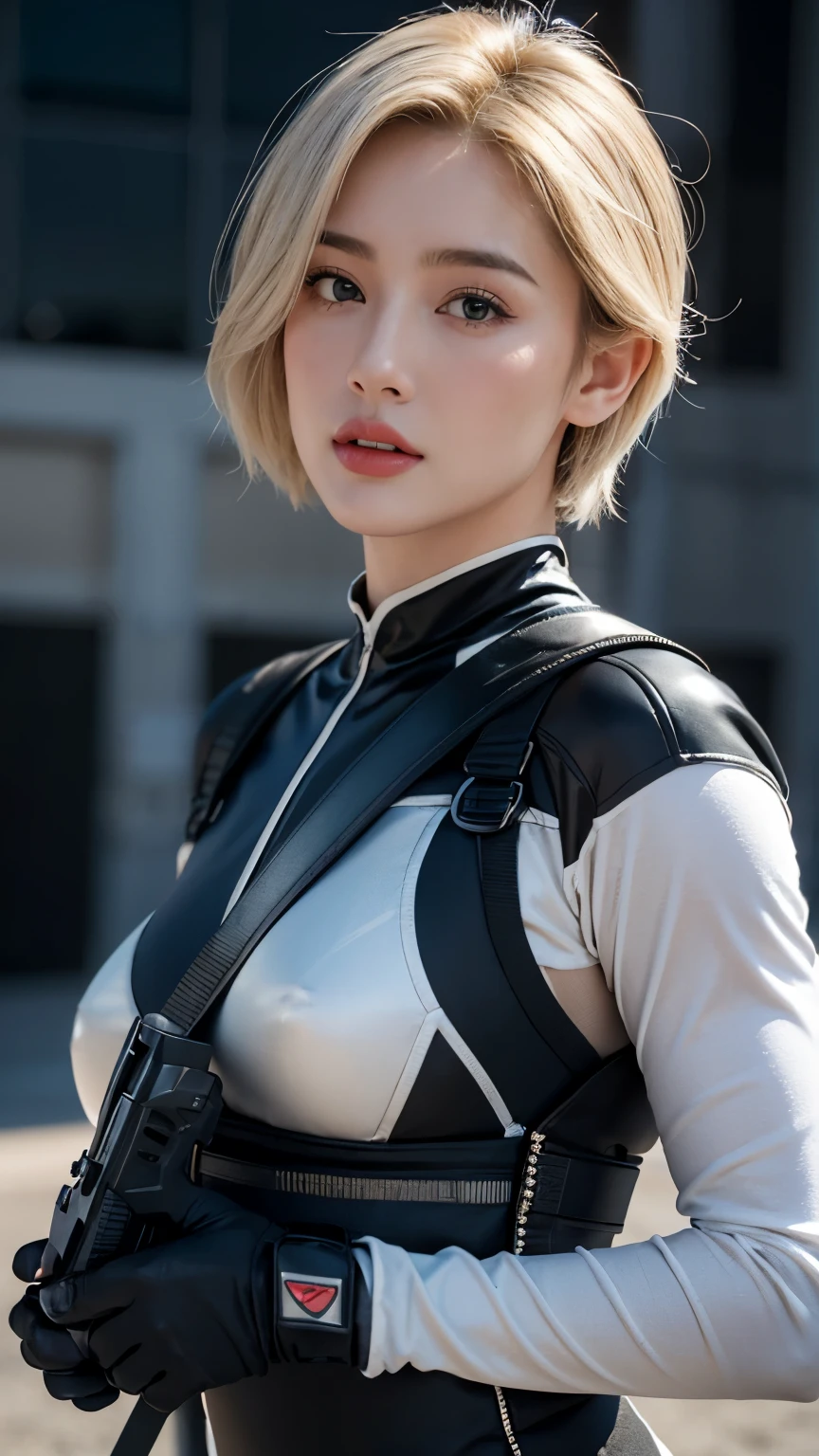 ((masterpiece, best quality)), ultra detailed, photorealistic, 8k uhd, subsurface scattering, volumetric lighting, portrait shot, dramatic cinematic lighting with rim light, porcelain skin, ((young caucasian woman, 20 years old, baby-faced features, determined expression)), athletic build, combat ready stance, direct eye contact with intensity, short windswept platinum blonde hair, highly detailed facial features with subtle freckles, fitted tactical high-tech bodysuit with carbon fiber panels, advanced military plate carrier with modular attachments, kevlar-reinforced gloves, illuminated tactical communication headset, urban warfare loadout in midnight blue and matte black, holding modernized assault rifle at ready position, fingers wrapped around grip with proper trigger discipline, industrial concrete background with faded military insignias and weathered textures, depth of field, RAW photo, soft volumetric fog, professional color grading