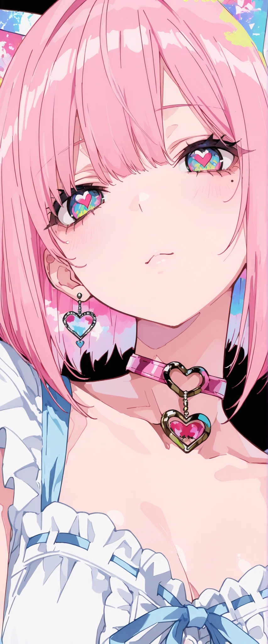 ,beautiful flower々),mole under eye, heart shaped choker, (masterpiece, highest quality), official art, beautiful and aesthetic: 1.2), (1 girl), very detailed, (geometry art: 1.3), colorful、pink bob hair、Cat ear、 whole body