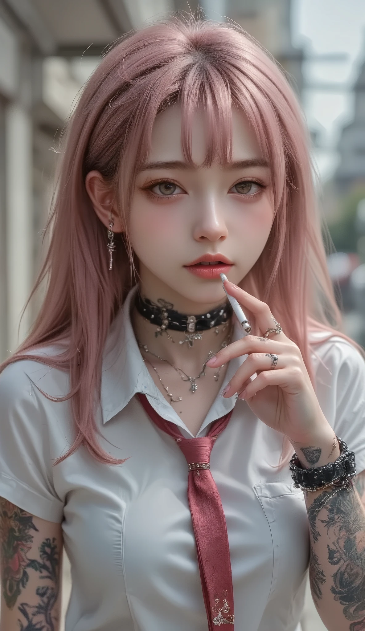 ((real mix、 ultra high definition image 、Top Quality、masterpiece))、((Wear a Japanese girls' high school、white thin fabric short sleeve blouse、red ribbon tie、check mini skirt))、((Beautiful Japanese girl、long hair dyed pink、pretty face、二重eyelidの大きな目、アヒルのlips、厚いlips))、((slender figures、Round and beautiful breasts、constricted waist、long legs、Long arms))、(((Realistically accurate depictions with all detailed details、(lots of earrings、nose、ear、lips、eyelid:2.0)、Mr.々Accessories、( Beautiful Tattoo 、bold tattoo:2.0)、))、(((He holds Japanese canned beer in his left hand、Draw canned beer realistically and accurately、I'm picking a cigarette with my right hand and smoking、Real cigarette smoke、喫煙するMr.子をリアルに正確に描く、Bad attitude、Sit at the desk、Smoking with feet on a desk - smoking、smoke - smoke:2.2)))、((((Beautiful high school girl smoking cigarettes, drinking canned beer, and relaxing、Draw smoky cigarettes realistically and accurately))))