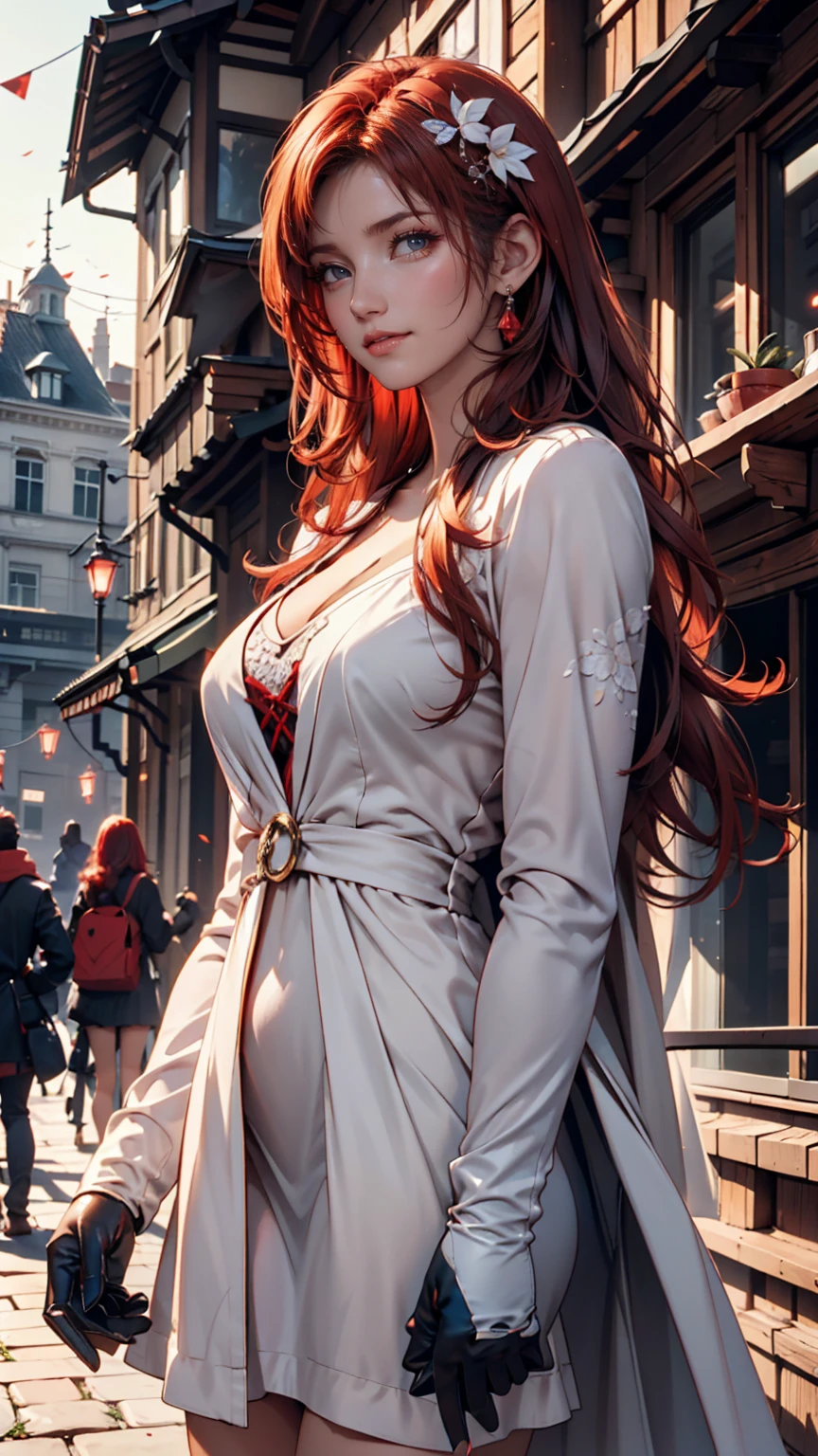 1 female, Beautiful Irish woman, 23 years old, focus only, red long curly hair, hazel eyes, beautiful smile, medium breasts, slender figure, Medieval girl clothing, Select groceries, masterpiece, ultra high definition, original photo, Detailed skin texture, Detailed face, Detailed hair, perfect hands, Dynamic angle, blurred background, Medieval market background, look away