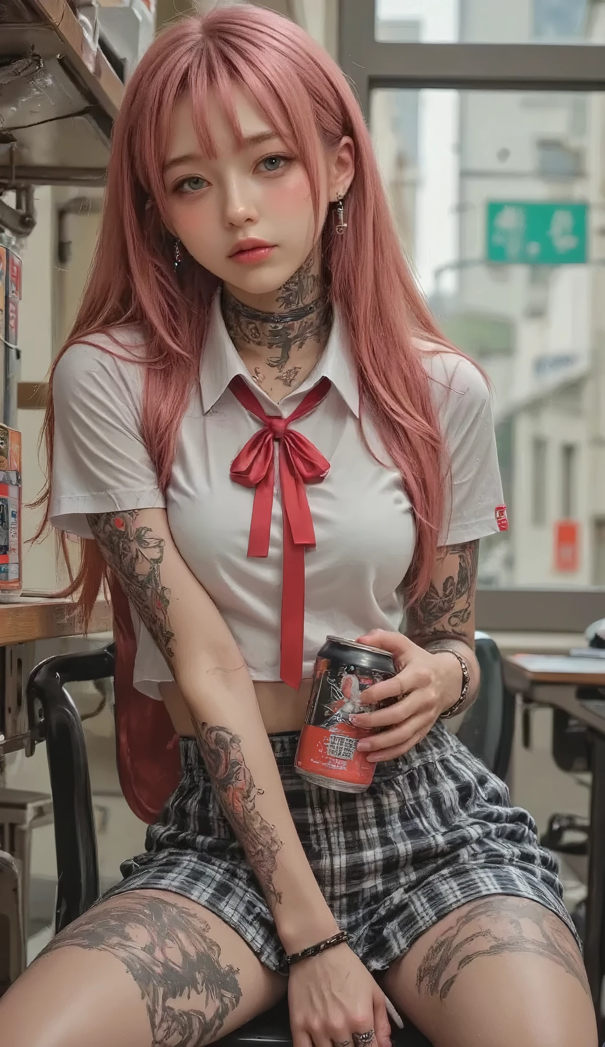 ((real mix、 ultra high definition image 、Top Quality、masterpiece))、((Wear a Japanese girls' high school、white thin fabric short sleeve blouse、red ribbon tie、check mini skirt))、((Beautiful Japanese girl、long hair dyed pink、pretty face、二重eyelidの大きな目、アヒルのlips、厚いlips))、((slender figures、Round and beautiful breasts、constricted waist、long legs、Long arms))、(((Realistically accurate depictions with all detailed details、(lots of earrings、nose、ear、lips、eyelid:2.0)、Mr.々Accessories、( Beautiful Tattoo 、bold tattoo:2.0)、))、(((He holds Japanese canned beer in his left hand、Draw canned beer realistically and accurately、I'm picking a cigarette with my right hand and smoking、Real cigarette smoke、喫煙するMr.子をリアルに正確に描く、Bad attitude、Sit at the desk、Smoking with feet on a desk - smoking、smoke - smoke:2.2)))、((((Beautiful high school girl smoking cigarettes, drinking canned beer, and relaxing、Draw smoky cigarettes realistically and accurately))))