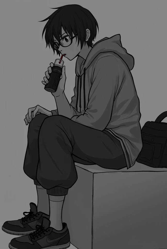 (anime), (illustration), cartoon, detailed, <lora:Vlori4:0.7> stas, men, ikakprosto, hair shaved on the sides, glasses, grey school jacket, black jeans, curly hair, room on background, smokeing, smoke