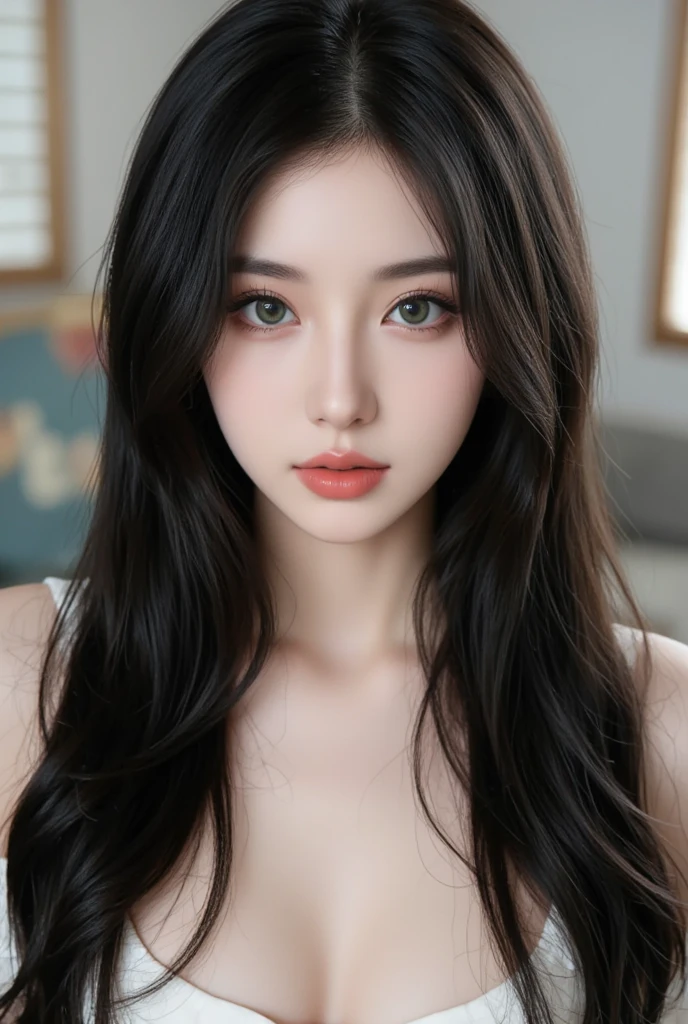 High-quality work，Realistic works，Super premium graphics，8K HD CG works，high quality graphics，High-definition and exquisite CG works，10x pixels，Ultra-fine details：1.1，Advanced technical details：1.1Realistic photo effects，Interior lighting effects：1.5，natural soft light：1.5. Light effect（Virtual light effects：1.8），ultra high resolution，shining dress，sliver long hair，silber hair，transparenthair，high detailed hair（Quality hair details：1.1）Clear eyes，Double eyelids look good，Sharp eye makeup, Create exquisite eyelash makeup, tthin eyebrows, Ultra-detailed eyes，a tall nose, lovely red lips, rosey cheeks, With delicate makeup on her face , pretty face, The face shape is perfectly proportioned,（Advanced facial details：1.1）1girl, long black hair, straight hair, Bright red lipstick,big eyes,black eyes,looking at viewer, black dress (masterpiece, best quality:1.4),(photorealistic:1.4)(realistic, photo-realistic:1.4),8k UHD,ultra high res,
, Women's artwork，Dress full body video，Realism，Amazing Cleavage，My eyes are very bright today
