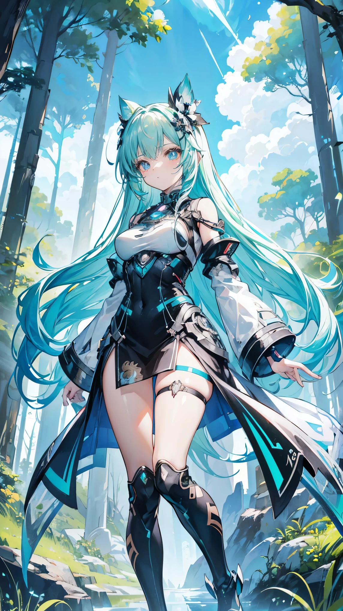 Mahakarya, fashion, best price quality, detail, wallpaper anime 8k, sharp rocks towering with different seeds, variously shaped forest of trees, pastures,
a person girl with slim body ala webtoon, adventurous girl with cyberpunk fashion, x} uses cyborg cape, in a fluorescent modern ornate robe with intricate lines, cyborg short jeans, short dress interior,
highly detailed anime style, fashion pose, focused and dynamic expression, perfectly expressive eyes with reflection of light, lensed lashes and luminous pupils, female anime face with smooth skin and features firm, long hair gently matted waving, kaki tinggi, long sci-fi boots, neon slim shoe ornament, futuristic clothes white black green with luminous accents, luminous cybernetic circuits integrated into his body, slender and well-proportioned body , natural environment of scenery and clear sky with composition of various objects directing to the main object, lush greenery illuminated by bioluminescent plants, intricate clothing platforms and natural paths, reflective ground with joyful movement pattern, soft volumetric lighting with bright hue, smooth soft mist blend with vivid blue green accents, anime scene , rich and harmonious color palette, bright blue sky, natural villages in the background with unique perspective, fusion of sci-fi and nature, natural atmosphere, texture detail ,
art using photographic techniques, main object in the middle, nature background, pegunungan, some unique mountains, anime atmosphere, anime brush art, clear sky with anime clouds, beautiful daylight, shadow looks soft, balanced lighting, object composition, intricate neon tattoo on face, ground detail, natural texture detail, hair detail , clothing detail , Grass detail, mountain detail, detail awan, fantasy life