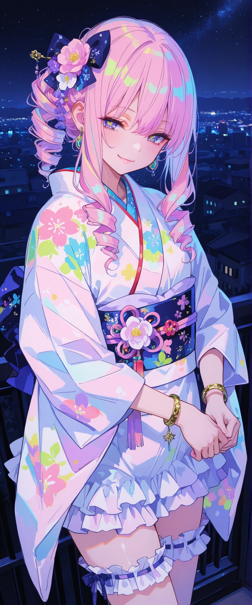 Masterpiece, Best quality, Night, stars, Cityscape, Real, Huge_filesize, the wallpaper, Colorful, Girl, Long hair, Pink hair, Drill hair, hair tying, Beautiful detailed eyes, view the viewer, Seductive smile, Japanese_clothes, Obi, frilled legwear, Hair_flower, hair pin, flower ribbon, Hair_bow, Earrings, jewelry, Bracelet,