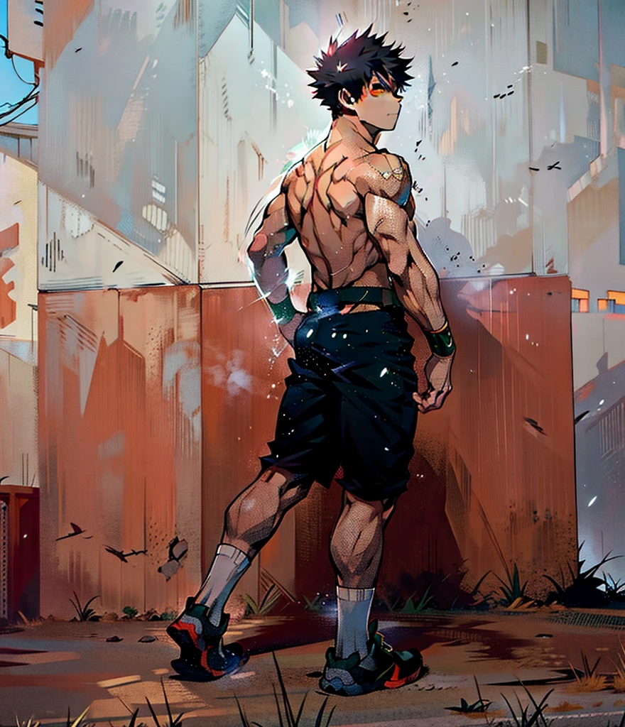 1children boy, Full body version, 1character, purple eyes, short haircut, angry eyes, black color hair, topless, sandals, Grassroots, full background in town, motion blur, lighting, (one piece art), standing gesture