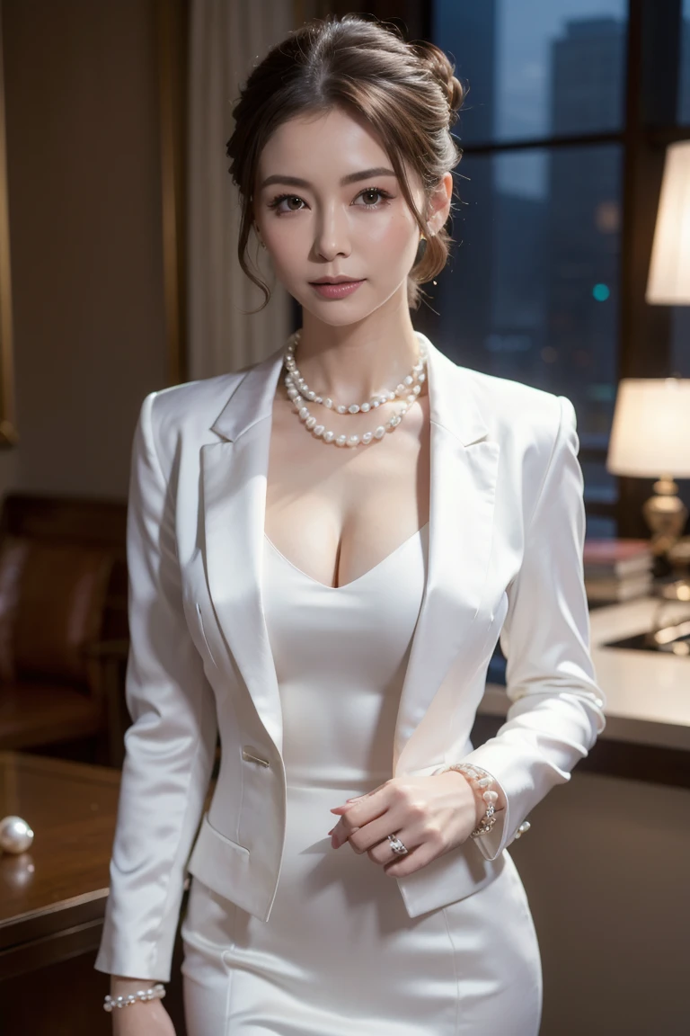 an beautiful,
(((tmasterpiece))), ((Best quality)), ((intricately details)), ((hyper realisitc)), Ridiculous resources, 摩洛解放阵线, Mature woman, (),Perspectives, The content is very detailed, lamplight, Perfect hands, detailed finger, 美丽细致lewd eyes, Long gray hair, 棕色lewd eyes, CEO, (Professional Dress:1.2), Blazer in similar color scheme,Paired with thin lapel dress,White leather tights,Pink collar, ear nipple ring, livestock, detailedbackground, Bedrooms, 完美lewd eyes, lewd eyes, looking at viewert, seen from the side