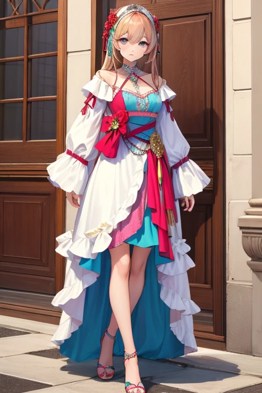 Close-up of a woman in a suit with a sword, Whole body xianxia, astral witch clothes, fantasy style clothing, Imperial Royal Elegant Clothing, fantasy outfit, fashionable rpg clothing, Ayaka Genshin's influence, very detailed and rich clothing, wear fantasy formal wear, fantasy robe, Fancy Clothing, ayaka game genshin impact, flowing magic robe, yae miko