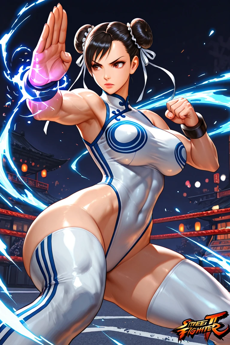 (((masterpiece, best quality)))((masterpiece:1.5)), (best high quality, ultra high res, ultra highly detailed, 4k:1.3),((perfect hands, perfect fingers, perfect legs:1.3)),intricately detailed, ((perfect anatomy)),1woman, 30 years old, ((light blue eyes)),((round eyes)), gigantic breasts, sweat, white skin, (((skinny))), sweat, (((blunt bangs:1.3))), (((pink bob hair:1.3))), (blue colored inner hair), ((blue eyes)),(sweat), ((white skin)),((((shiny body, shiny skin, large breasts)))), huge breasts, Scrawny, saggy big breasts, fairy, (( blue glowing eyes)), butterfly hair ornament, (((from front))) , BREAK ,((cleavage:1.3)), butterfly earrings, standing, ((bodice:1.3)), ((karate:1.3)), bare feet, tatami, (dojo), martial arts, ((martial arts)), ((fighting:1.3)), perplexed, (full body shot:1.4)
