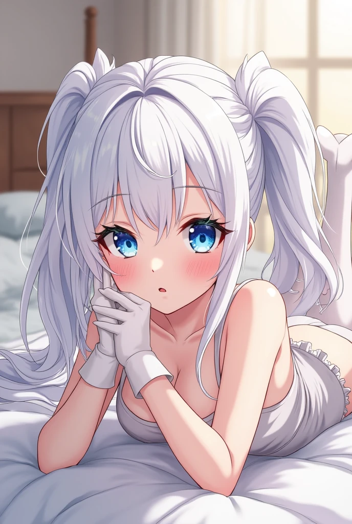anime girl in lingerie laying on bed with blue sheets, seductive anime girl, perfect white haired girl, white cat girl, white haired, small curvy , white haired deity, nightcore, anime moe artstyle, white-haired, pretty anime girl, attractive anime girl, girl with white hair, beautiful anime girl, (anime girl), cute anime girl
