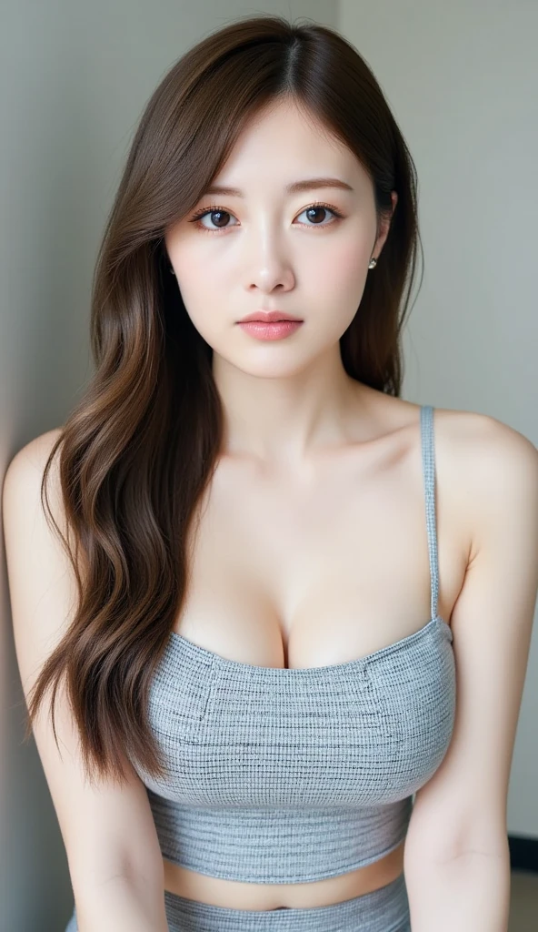 (natural, high resolution:1.3), 1 chica con un cuerpo perfecto, Super fine face and eyes.,pelo largo, in small underwear of random color:1.2, tetas grandes,exponer escote