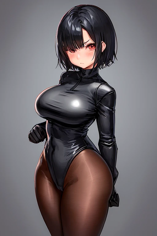girl,boyish,Very short hair,Black Hair,Large Breasts,Black tight suit,forest,Cowboy Shot,blush,Serious face,blue eyes,front leg pose,Tight fit,clearly,Striped pattern,fight