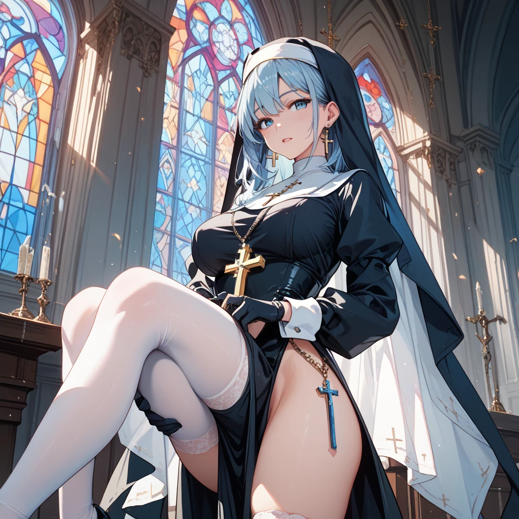 white color hair,Striped hair, french braid, Student does not match, lightand shade contrast, gothic art, 16k, Best quality, Anatomically correct, high detal, lewd nun,(Bare breasts),(Colossal tits),White panty hose,(Pubic bone),hip is cocked,(twogirls),(Nipple chains),leg loops,(Grinning),(Bunny girl outfit),( lewd nun),(Sperm leakage),masturbated,with an open crotch,spread your knees apart,Broken clothes,Disheveled clothes,(((underbust)))