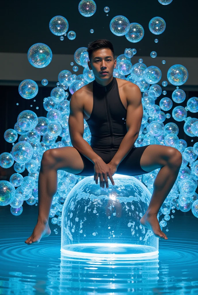 (Highest quality:1.2),One man,alone,Are standing_Split,whole body, Photo of a Japanese man in his 20s made of shiny white and silver translucent glass and plastic,Muscular and shirtless, Silver metal interior, Dynamic pose, Flow organic structure, A sparkling golden circuit, colorful Neon decoration, Ball of Light, Illumination, Illumination回路, Neon decoration, Depth of Field Focus F/2.8, H'art.right. liver, Greg rightutowski