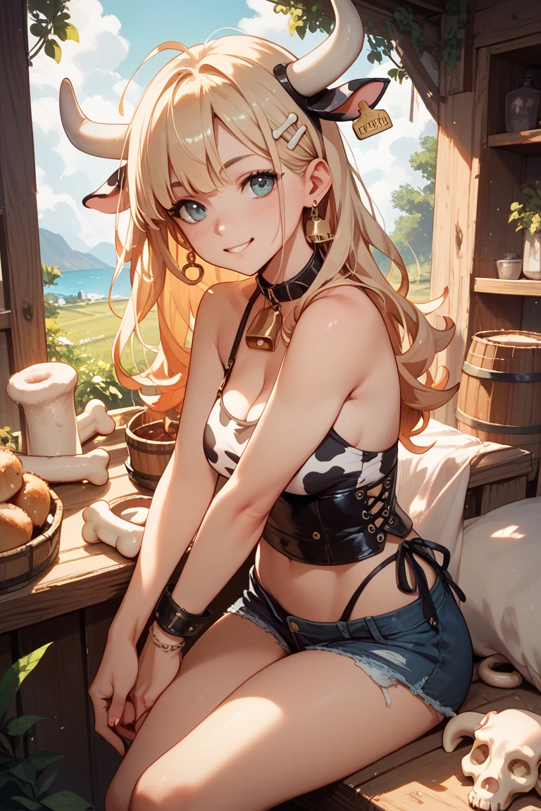((best quality)), ((masterpiece)), ((detailed)) woman, long blonde hair, bright blue eyes, soft smile, kind, pretty, curvy, cow girl, cow ears, cow horns, half cow, cow patterned bra, jean shorts, cow bell around neck