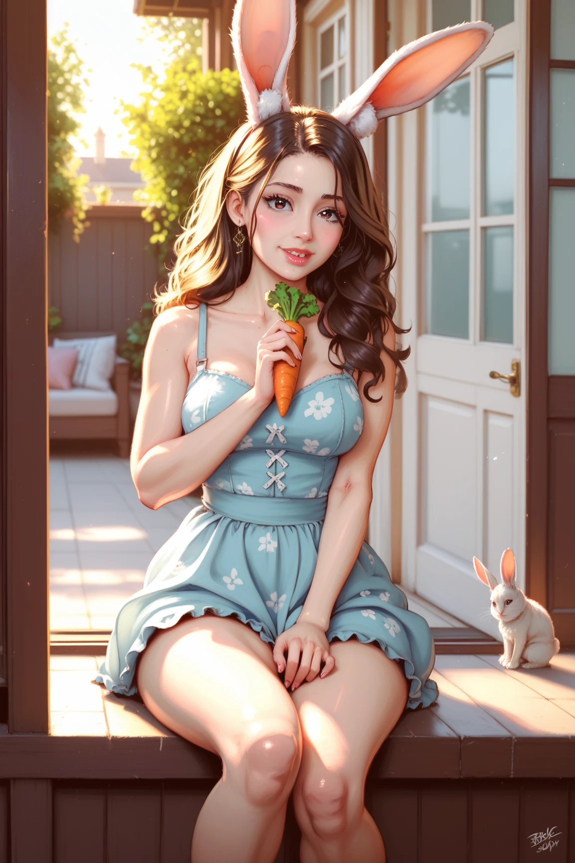Illustrate a beautiful woman 24 years old, brown hair tied in a ponytail on top of her head. Wearing a pretty pink dress and sandals. She looks like actress Emilie Clark. detalhes perfeitos