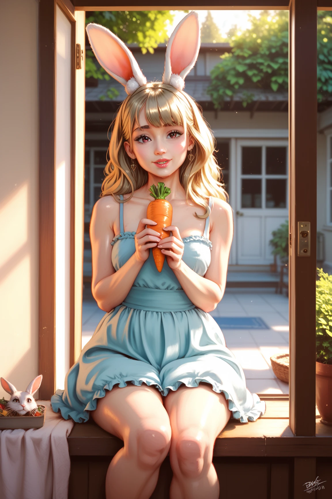 1 girl, two pigtails falling over her shoulders with pink rubber bands, blond hair, wearing a pink jumpsuit dress, cooling off with a chocolate popsicle, In a forest, next to 1 boy, black hair, messy hair, black eyes, wearing casual clothes