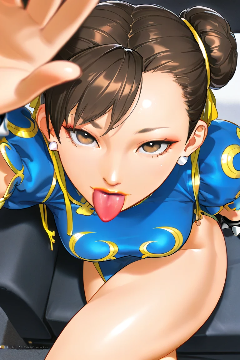 score_9, score_8_up, score_7_up, score_6_up, score_5_up, score_4_up, colorful, masterpiece, 4k, highly detailed, detailed face, detailed hands, detailed background, sharper lineart, <lora:chunliSDXL:1>,<lora:ickp_pd_glora:0.4>,<lora:[GP] somethingweird [Pony XL]:0.8>,<lora:detailed_eye_model:1> chunliSDXL, detailed_eyes_model, solo, 1girl, hair bun, double bun, , puffy , large , big , red lipstick, makeup, mascara, wide , athletic, muscular, brown eyes, brown hair, yellow ribbon, , white background, simple background, upper body, leaning forward, looking at viewer