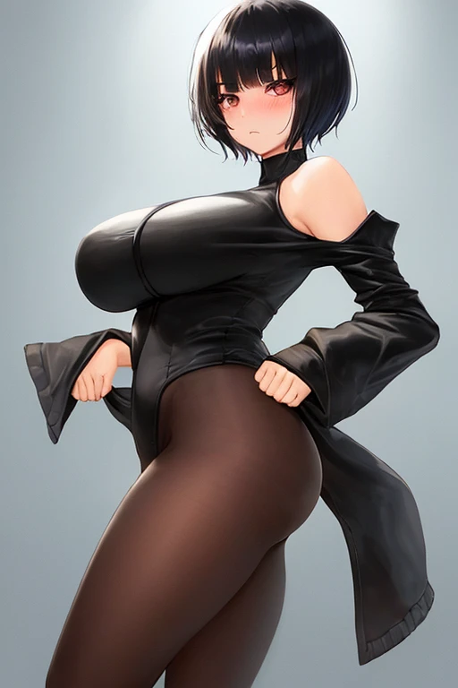 Shizuku Murasaki, 1girl, black hair, short hair, eyewear, large breast, ((tight black long sleeve , turtleneck, see-through)), upper body, looking at view, from below, (masterpiece, high resolution, best quality, anime screencap, anime colored, 8k, photorealistic), denim, inverted cross chain necklace