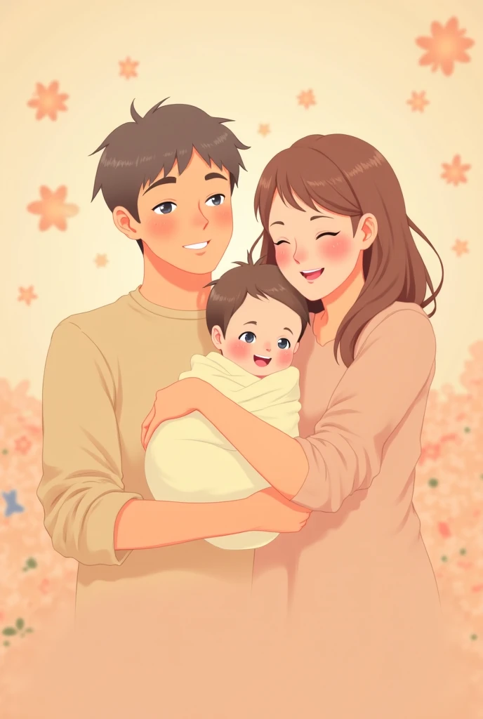 A family picture with year they are born. A mother with 2004, a father with 2000 and a baby girl with 2024, anime style