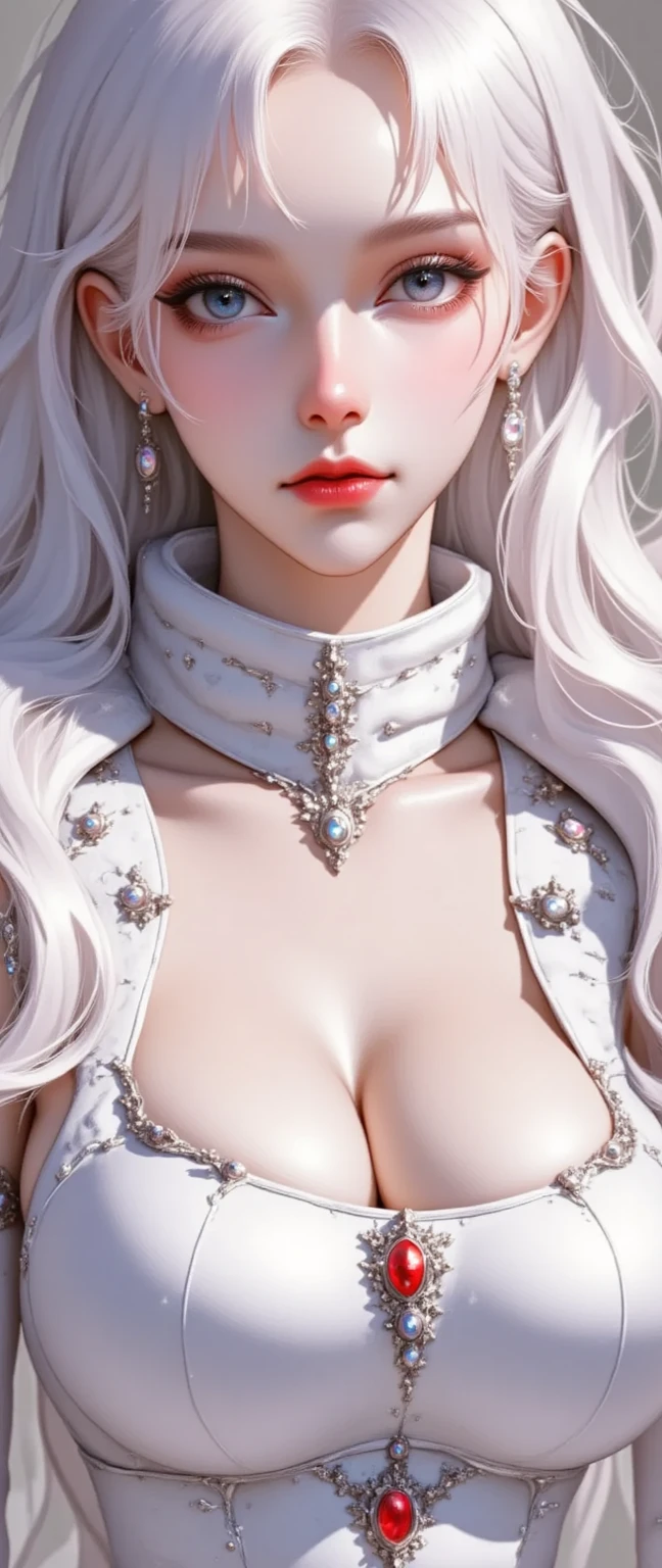 In a masterful display of artistic prowess, Lucifer from Helltaker emerges as the focal point of a hyper-realistic 8K human portrait. Clad in a formal suit featuring a striking red shirt, black pants, and a matching black necktie, she commands attention with her serene expression and captivating smile, her gaze fixed directly upon the viewer. She has the face of ((https://images.fineartamerica.com/images/artworkimages/mediumlarge/3/1-gorgeous-blonde-with-big-breasts-mihai-b.jpg)). Her eyes, almond-shaped and bewitching, mesmerize with their striking red crimson irises, framed by gracefully arched eyebrows and thick, voluminous lashes that curl upwards. Luxuriant waves of light-white hair cascade around her, catching the light in subtle platinum highlights, while her smooth, porcelain-like skin radiates a subtle glow, suggesting vitality and allure, an elegant mix of botanical and geometric patterns that enhance her already captivating presence. Her attire, a black dress and a choker around her neck, serves to underscore her beauty and sophistication. Standing tall and confident, Lucifer possesses very large bosoms, fitting into an I-sized cup, (mature female, milf:1.3). Rendered with meticulous attention to detail and realism, this portrait captures every nuance of Lucifer's appearance, from the delicate contours of her face to the subtle textures of her clothing and skin. Set against a deep matte black background, she stands as a timeless symbol of beauty and allure, her dynamic pose and perfect anatomy drawing the viewer into her world. This high-resolution masterpiece transcends mere artistry, offering a glimpse into the depths of Lucifer's character and personality. With its cinematic composition and meticulous attention to detail, a true masterpiece in every sense of the world. full body. large breasts, heavy makeup, detailed Tokyo street , smile, white hair, blush, eyeliner, white lips. tight waist (45 cm). She has an european (dutch) like face.