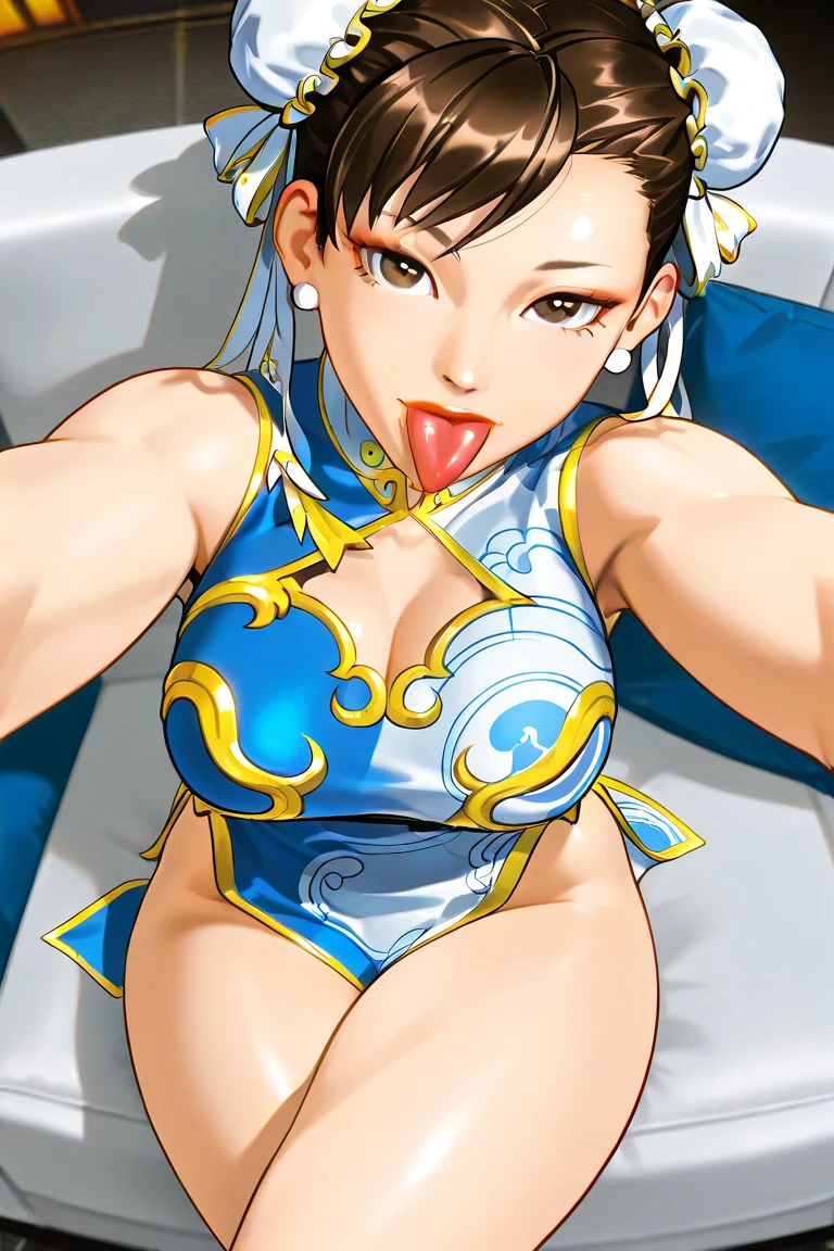 Chun-Li, Lying down, Navel, White bikini, Micro bikini, Untied swimsuit, Side tie bikini, Touch, Erectile areola, (Brown skin:1.2), Colossal tits, Body wet and shiny,