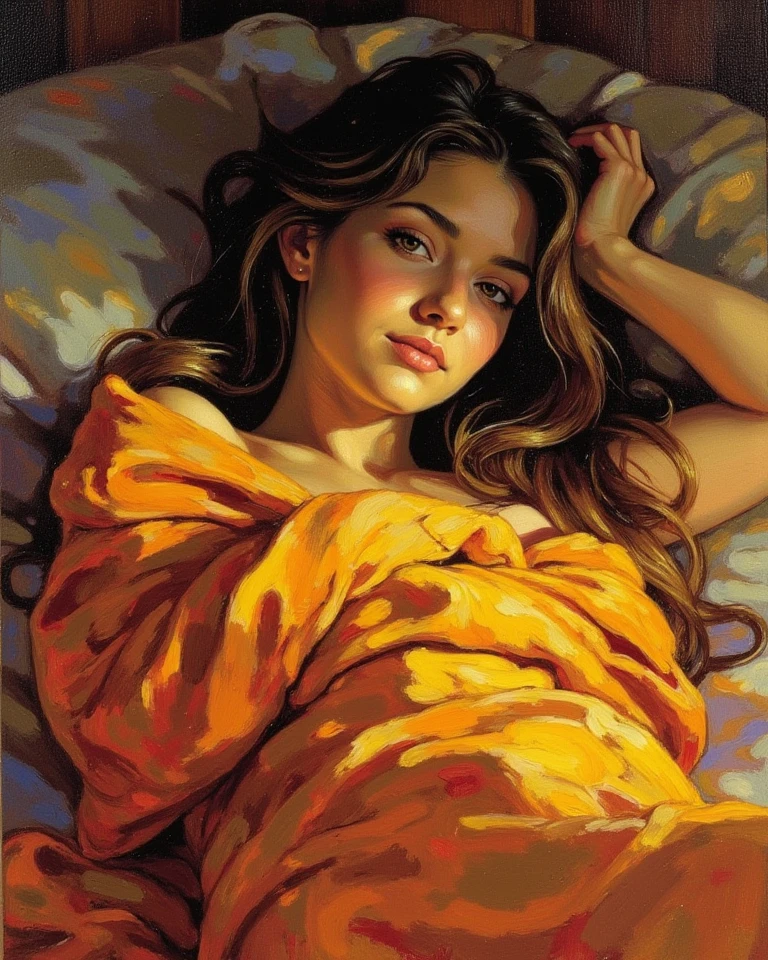 A stunning picture, high detail, small strokes, positive and joyful tones, Gorgeous woman, nude in the bedroom, full length, brut style art, characterized by bright and bold colors, very realistic color choice, thick textured paint, intense black strokes, and amazed details ral-drptpl