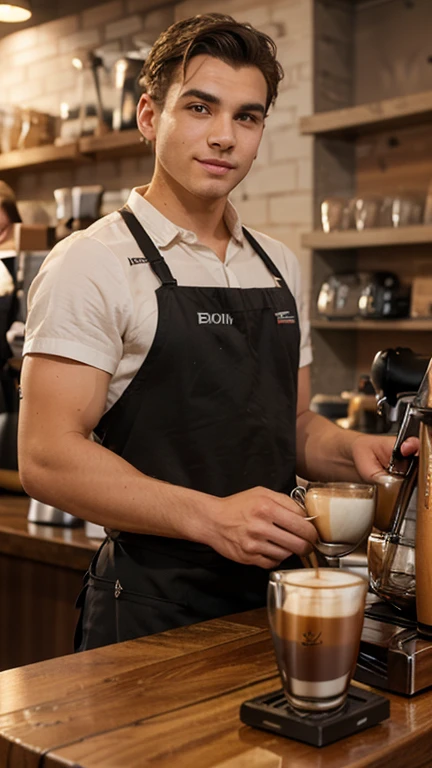 1人,A 20 year old man in a café,Barista,Coffee is being made,Facial hair,Dark apron,Sit Pose,leg apart,Reveals white transparent thongs,expose arms,Expose biceps,Slender figure,Handsome,full bodyesbian,Exposing thighs,Expose calves,Thick leg hair,Large bulge at the crotch,leg apart,pervert smirk,janelas,rays of sunshine,Plenty of ground coffee and cups,Coffee packaging box,In a dark café production room,gentlesoftlighting,tmasterpiece,best qualtiy,8K UHD,digital SLR camera,filmgrain,Fujifilm XT3 Realistic painting art,Written by Midjourney and Greg Rutkowski, very muscular,