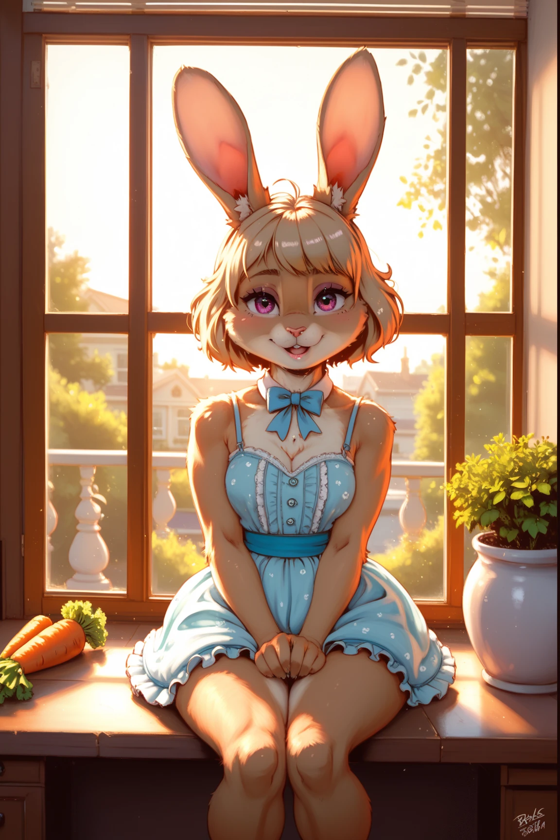 <lora:bunnierabbot-v1-locon:1> bunnierabbot standing, loving eyes, light smile, medium boobs, rabbit girl, pink nose, ponytail, (detailed fluffy fur:1.3), half-closed eyes, cute little summer dress,
garden, flowers,
(masterpiece:1.2), (highly detailed:1.2), (intricate:1.2), (best quality:1.2), (realistic:1.2), (photographic:1.2),
cinematic light, vivid colors